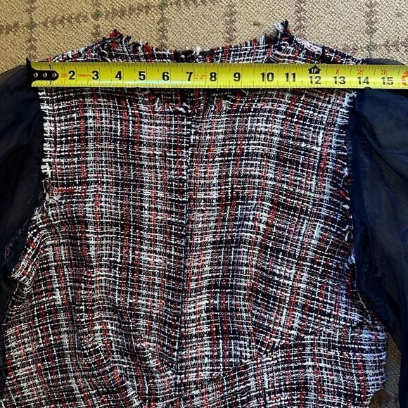 Zara Blue and Red Tweed Organza Top w Blue sheer Puff Long Sleeve M - Picture 12 of 14